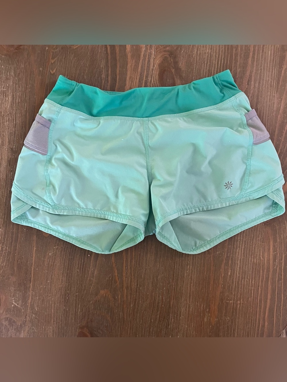 Athleta Teal & Light Aqua Girls Two-Tone Active Shorts with Lavender Pockets